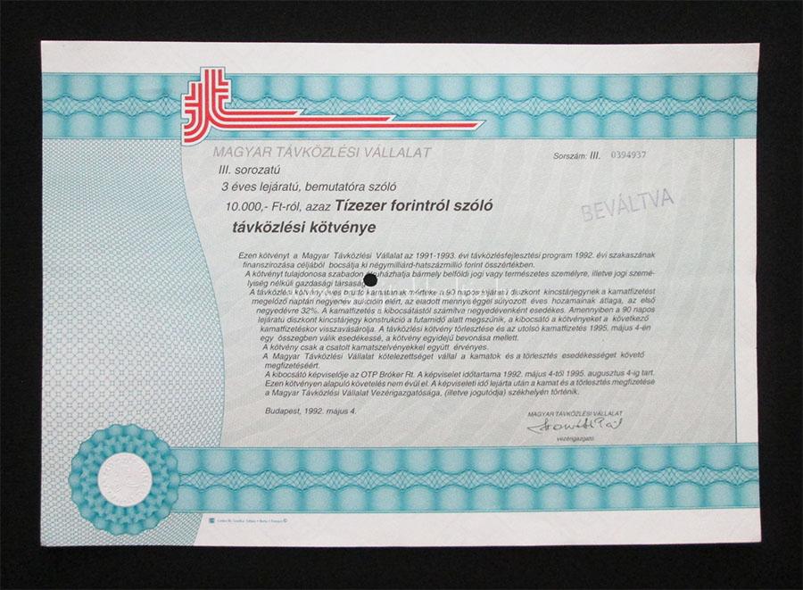 MATÁV távközlési kötvény 10000 forint 1992